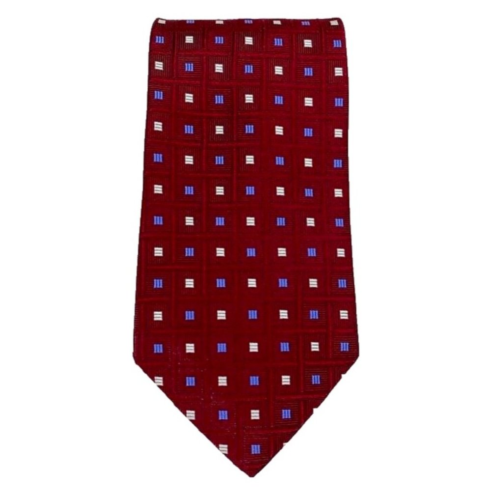 Brooks Brothers Makers Tie Silk Red Blue‎ Squares Woven England Made in USA Mens